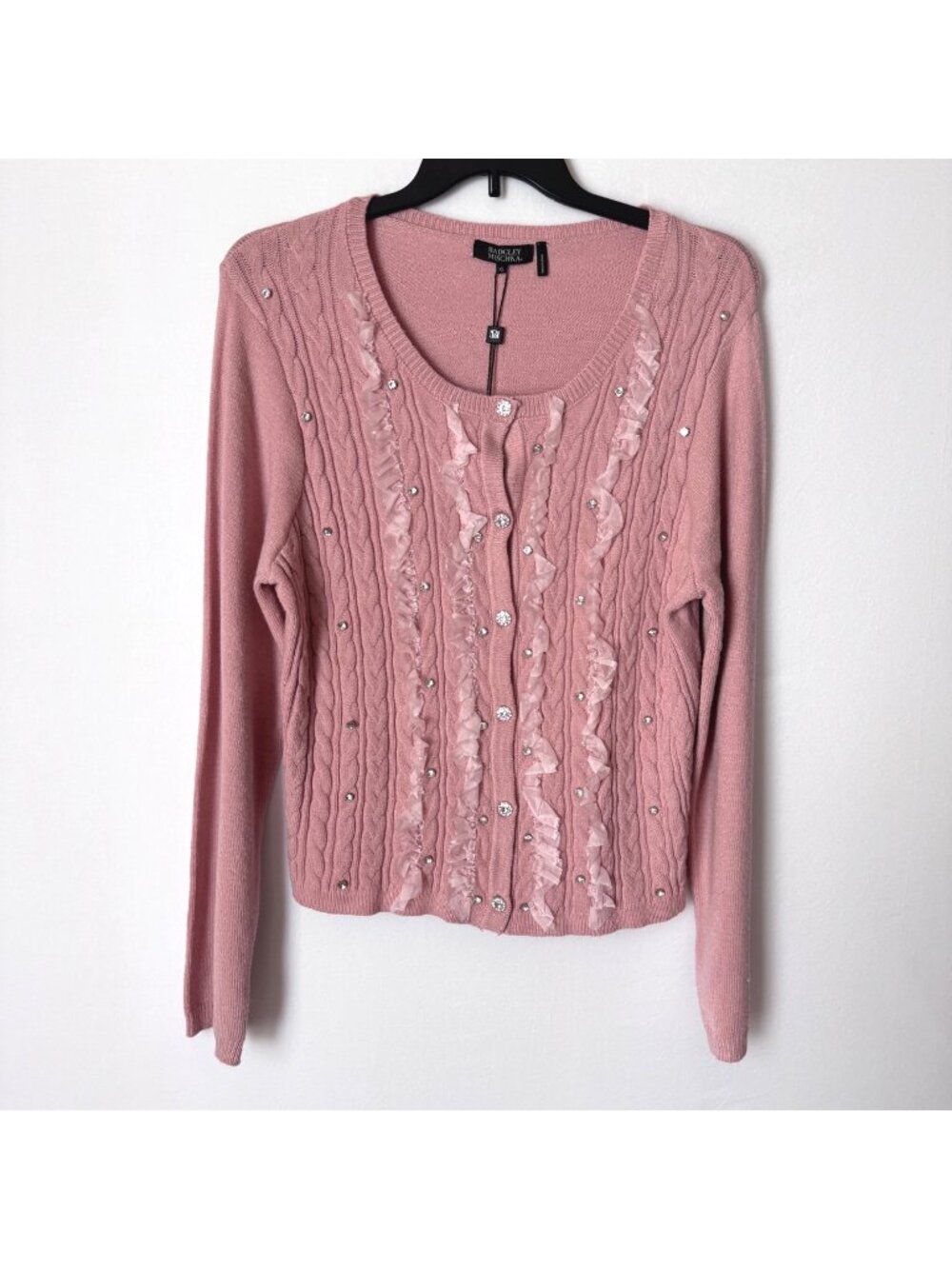 Badgley Mischka Women Pink Embellished Cable Knit Cardigan Sweater Size XL